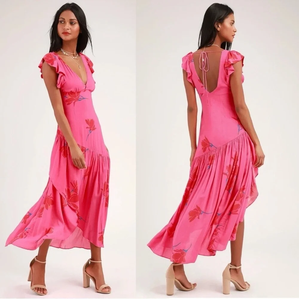 Free People She's A Waterfall Hot Pink Floral Print Ruffled Maxi Dress size 0 - Picture 2 of 7